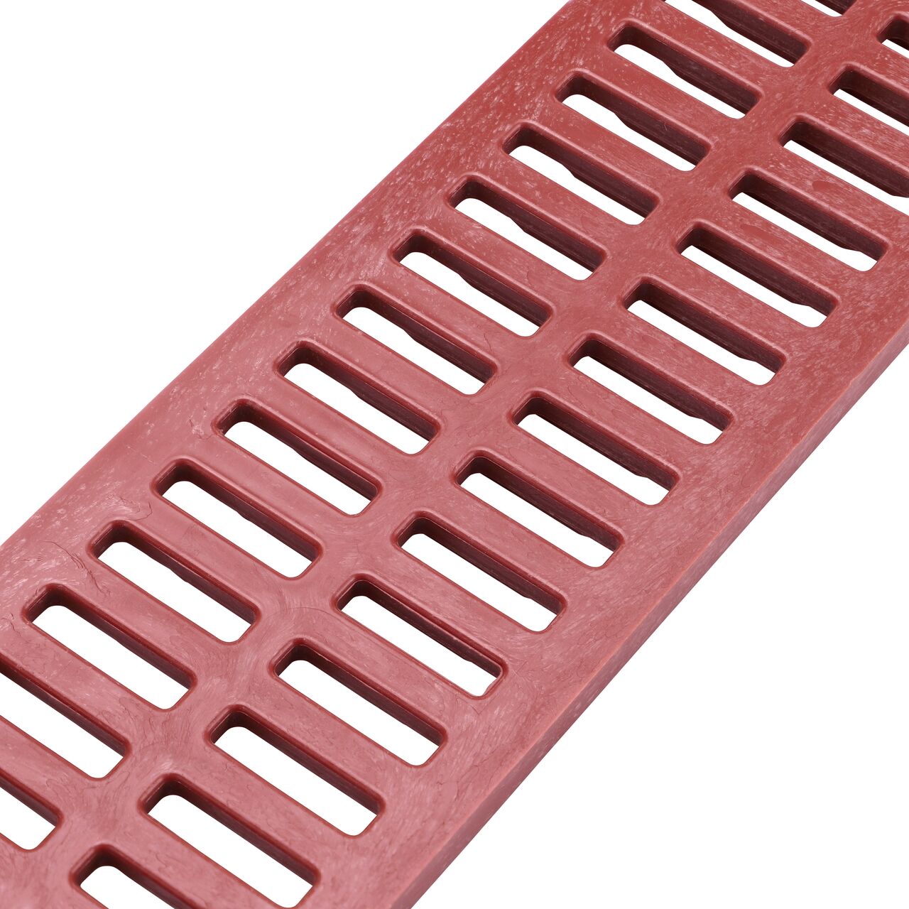 Closeup angled view of the Brick Red Plastic Mini Channel™ Drain Grate (NDS 551)