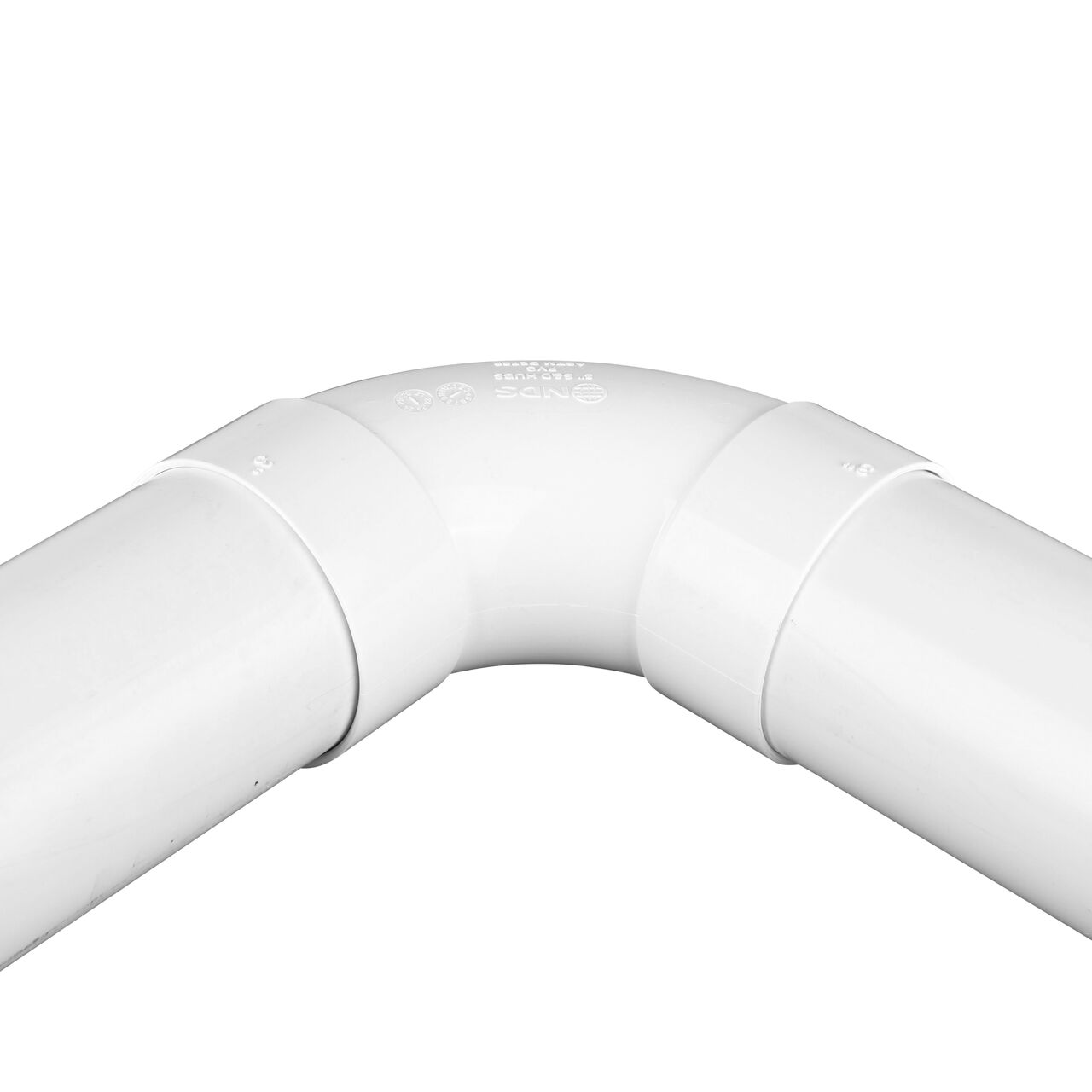 Alternate view of the NDS 3 in. PVC 90° long-turn street elbow with a Hub and Hub connected to 3 in. sewer and drain pipes (NDS 31P0)