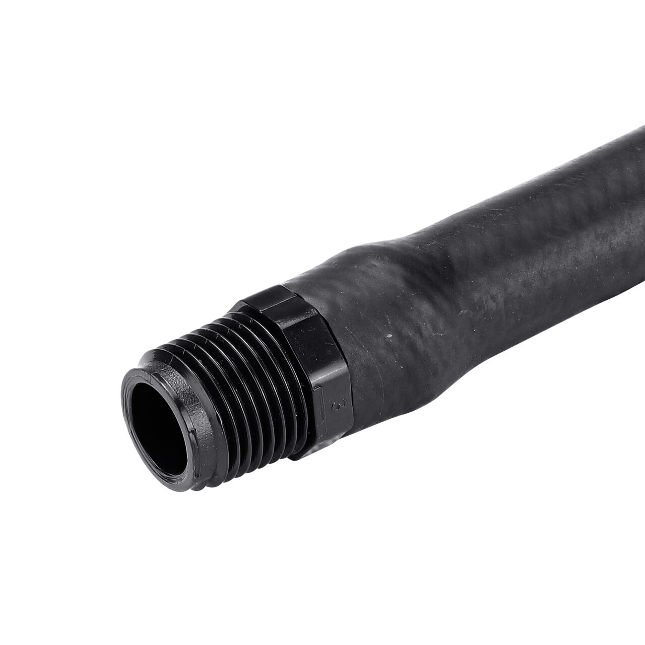 Closeup of the NDS 1/2 in. Flexible Riser end that is made of PVC that attached to a rubber body which prevents riser from breaking under accidental impacts (NDS FR-0500-6)