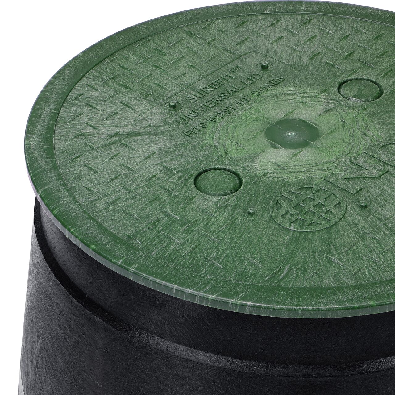 Closeup View of the 10 in. Round SureFit Universal Valve Box Lid (NDS 10RND-UC) installed on the NDS Standard Series Black Valve Box (111B)