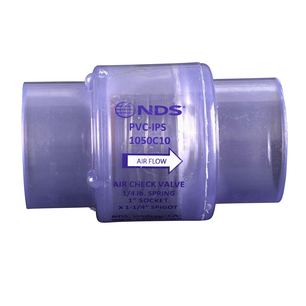 Side to side view of the NDS Clear 1 in. slip end by 1-1/4 spigot end PVC Air Check Valve (NDS 1050C10)