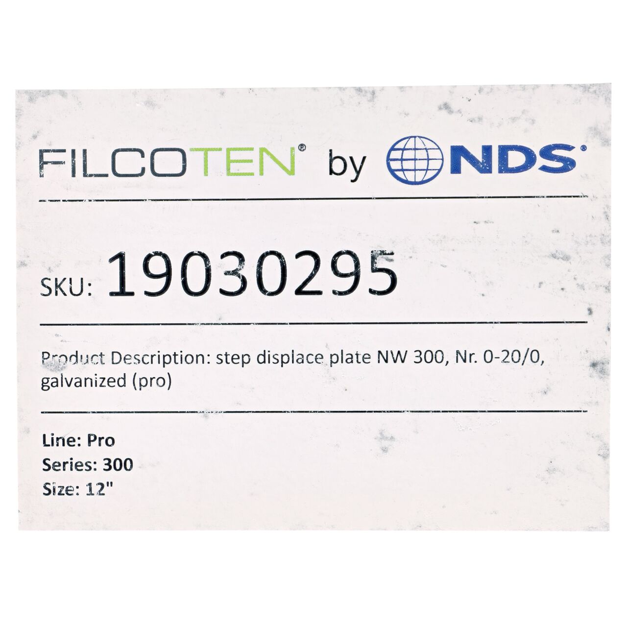 Packaging label on the Galvanized Steel BG-FILCOTEN® by NDS® 300 Trench Drain Step Connector Plate (NDS 19030295) which highlights that it is a step distance plate for the BG-FILCOTEN® 300 12 in. Pro Trench Channel Drain sections