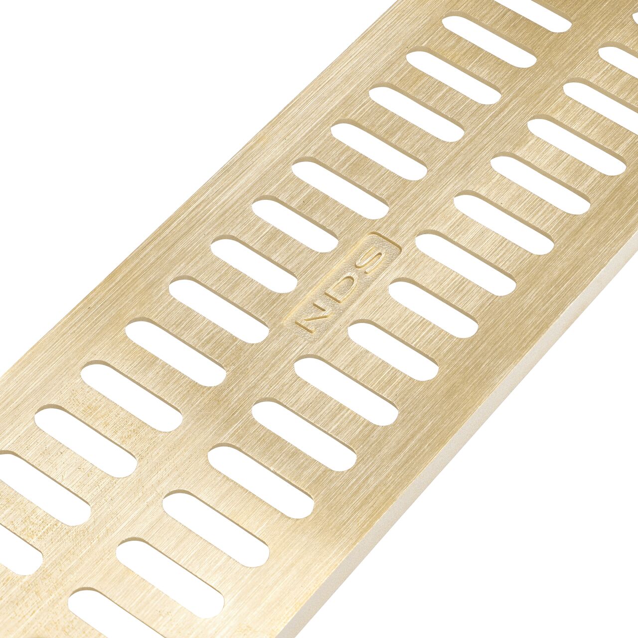Closeup angled view of the Satin Brass Metal Mini Channel™ Drain Grate (NDS 552B)