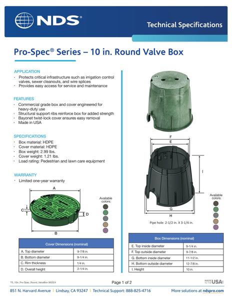 NDS 10 in. Round Pro-Spec® Series Valve Boxes & Covers Tech Spec