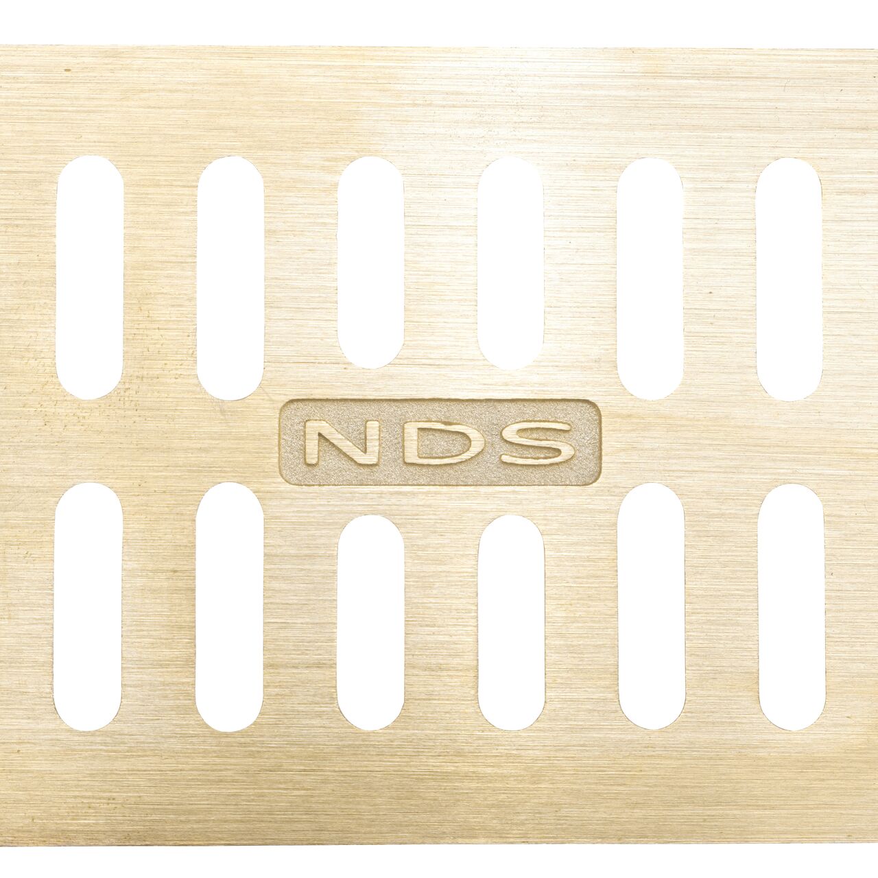 Top down view of the Satin Brass Metal Mini Channel™ Drain Grate (NDS 552B)