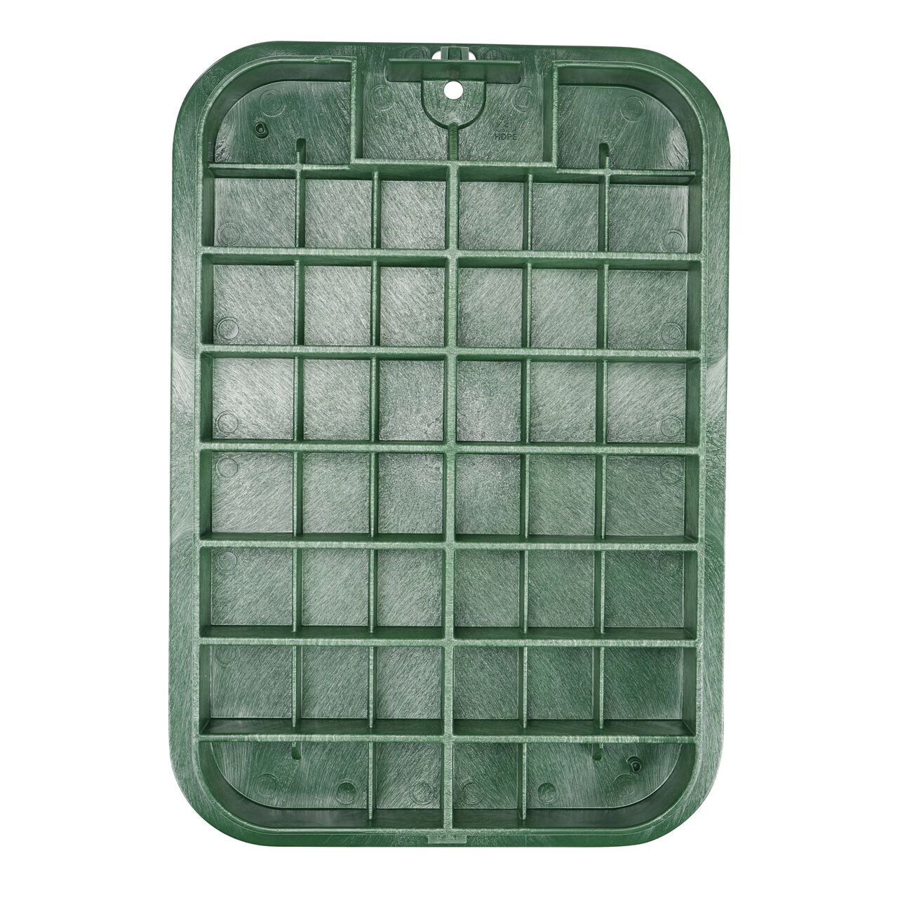 Top down view of the underside of the Green Irrigation Control Valve cover (NDS 117C) for the NDS 13 X 20 in. Rectangular Standard Series valve box showing reinforcing ribs that help support pedestrian and lawn care equipment