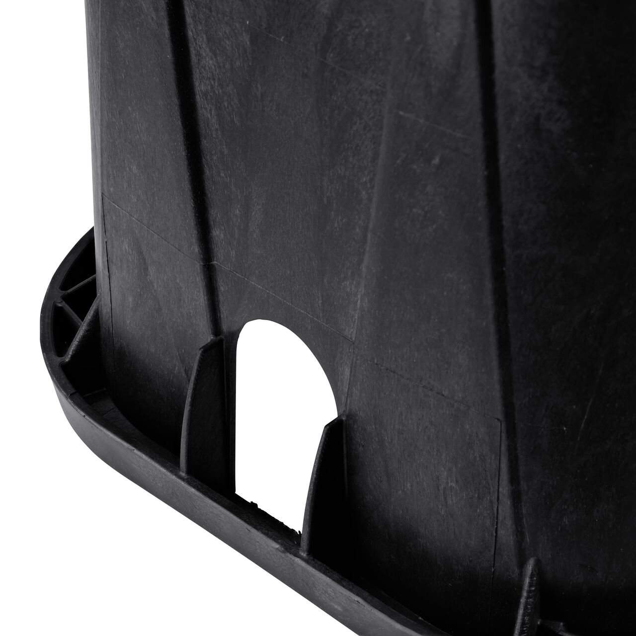 Closeup View of Black 14 x 19 Rectangular Meter Box PVC pipe hole; allows irrigation pipe entry into box interior (NDS D1200-OLRB)