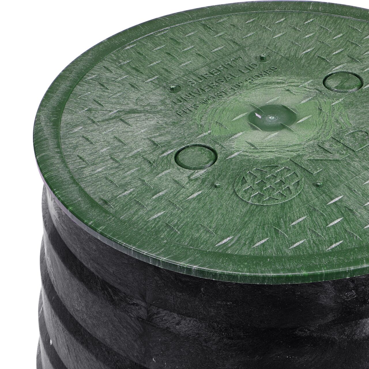 Closeup View of the 10 in. Round SureFit Universal Valve Box Lid (NDS 10RND-UC) installed on the Black Carson Valve Box