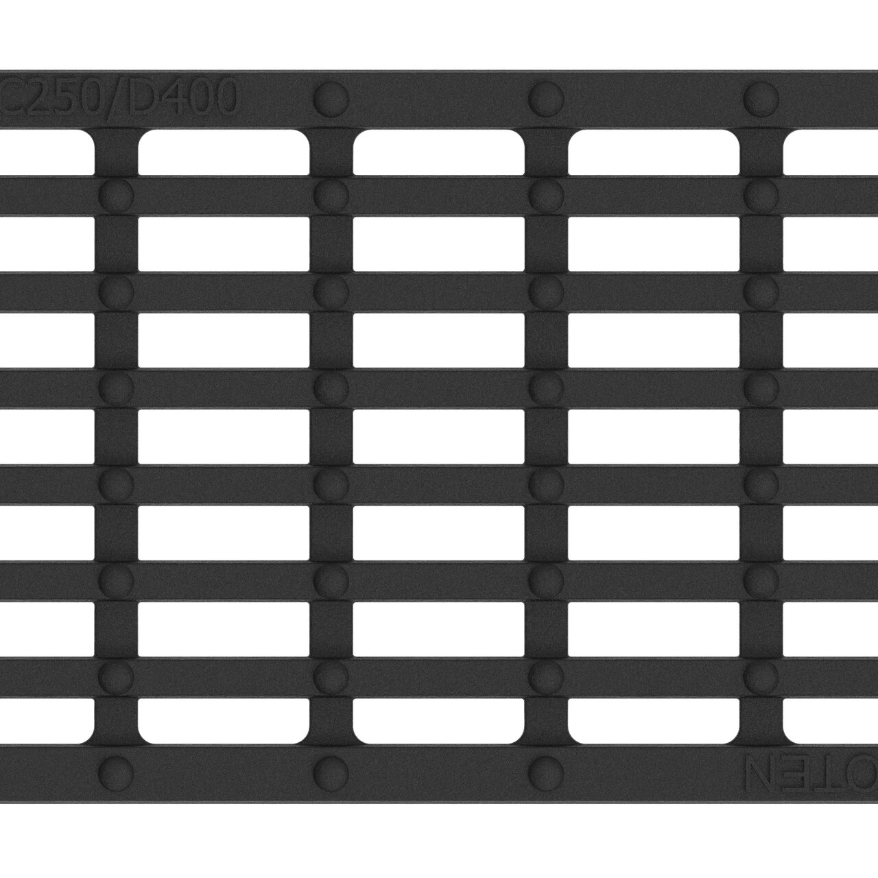 Top down partial closeup view of class D bar design ductile iron BG-FILCOTEN® 100 Trench Drain Grate (NDS 17010110)