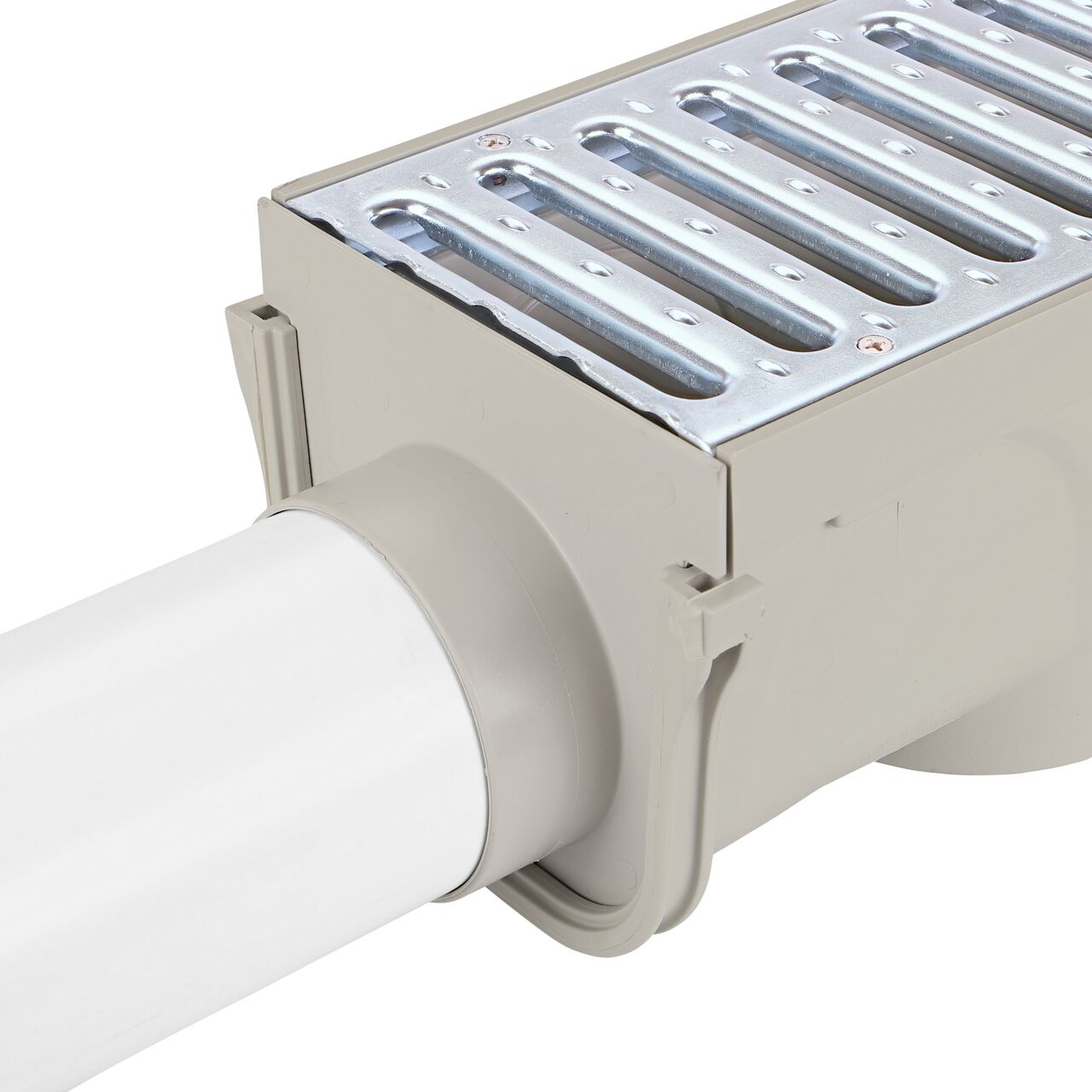 3 in. sewer and drain pipe connected to the 3 in. end outlet on the female end of the NDS Steel Grate 5 in. Pro Series Channel Drain Kit (NDS 864GMTL)