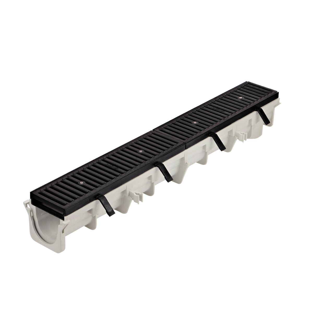 Two Cast Iron Dura Slope™ Channel Drain Grates installed on two Dura Slope™ Channel Drain Frames (NDS DS-200H) on a NDS Dura Slope Channel Drain (NDS DS-091) with the Dura Slope Spanner Screw Heads (NDS DS-650) with female end facing camera