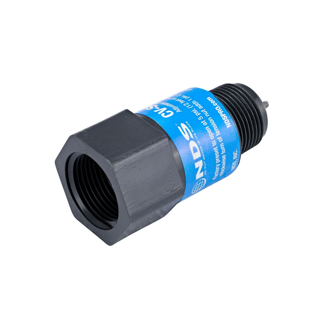 The female end of the NDS Gray 3/4 in. IPS MPT X FPT PVC Adjustable Inline Spring Check Valve (NDS CV-0750-MF) without the nut on end