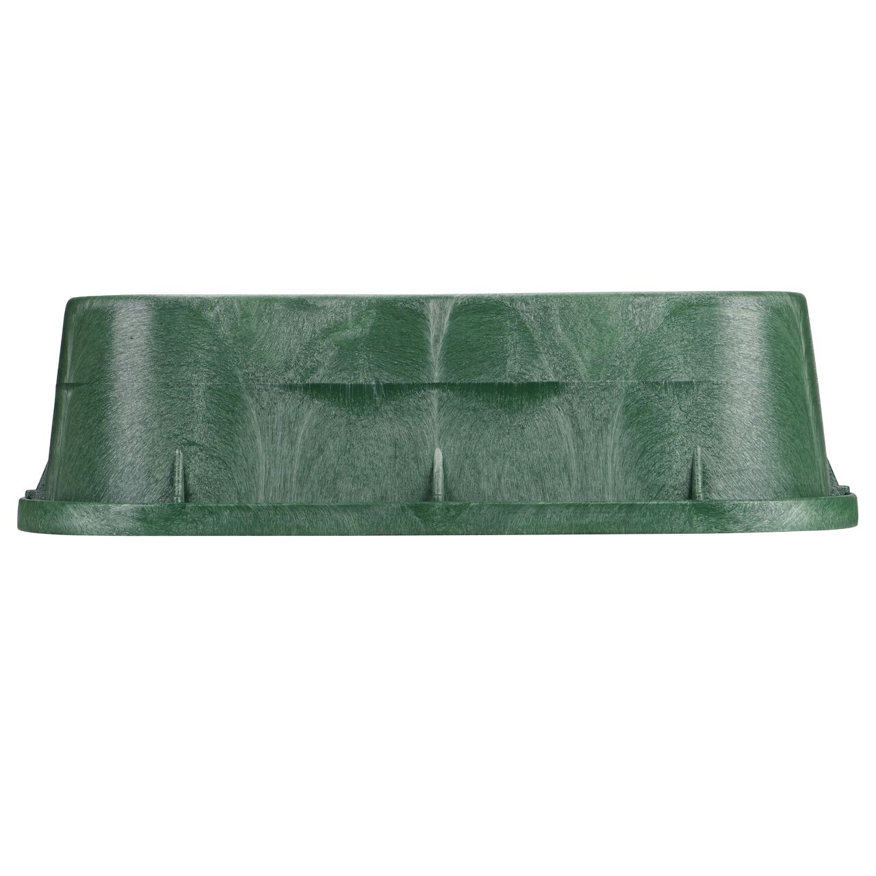 Side view of the longer side on the NDS Green plastic 13 in. X 20 in. Rectangular Standard Series Jumbo Valve Box Extension (NDS 118-6) showing durability through the reinforced ribs and edging