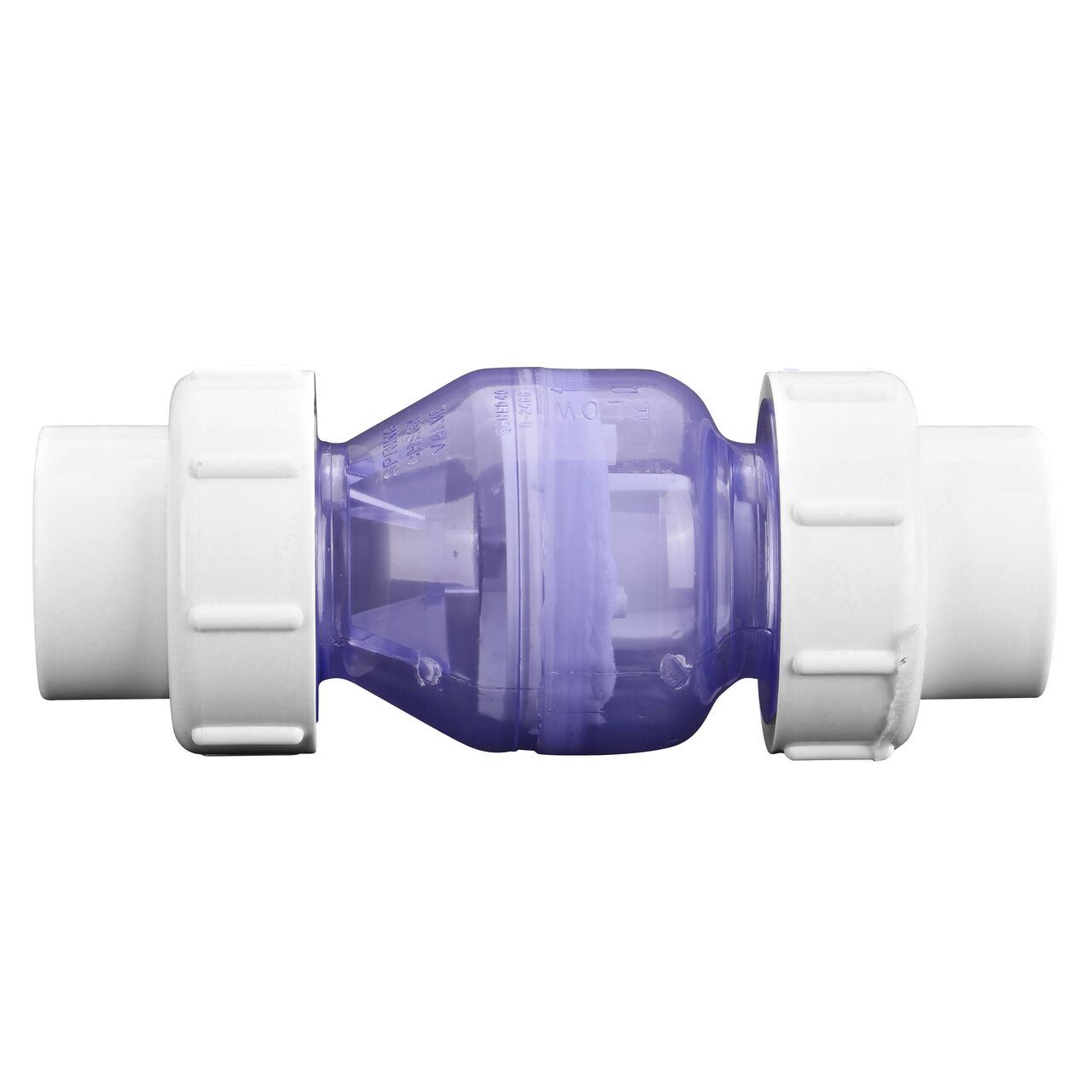 Side to side view of the NDS Clear 1-1/2 in. slip end by slip end with 1/2 lb. spring PVC True Union Spring Check Valve (NDS 1700C15) which prevents backflow in pipelines