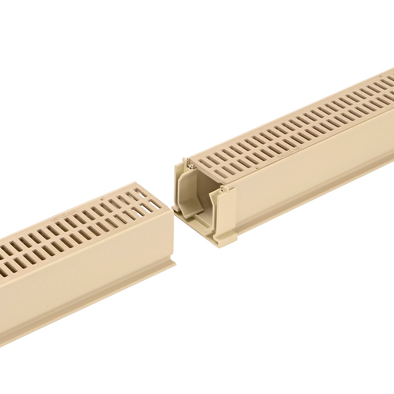NDS Sand Mini Channel™ Drain Coupling (NDS 548S) connected to one grate (NDS 500S) and grate (NDS 544)