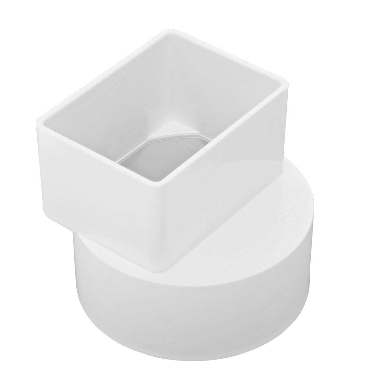 PVC downspout adapter, connects 2X3 in. Downspout to 4 in. S&D Hub (NDS 9P04), the offset design allows for proper alignment of drainage pipe beneath a downspout fastened directly against the building wall