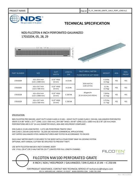 NDS BG-FILCOTEN® 100 Trench Drain Grate Perforated Design Galvanized Steel Tech Spec
