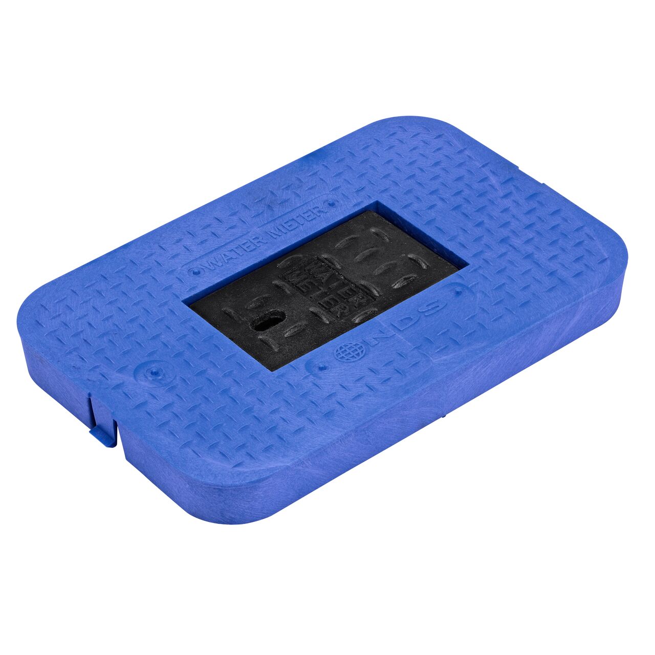 This NDS 14 in. X 19 in. Rectangular Standard Series Meter Box Cover is a Blue Drop-In Cover with Water Meter markings on the lid (NDS D1200-DICIRBLUL) with a Cast Iron reader door and fits NDS standard series 14 in. X 19 in. meter boxes