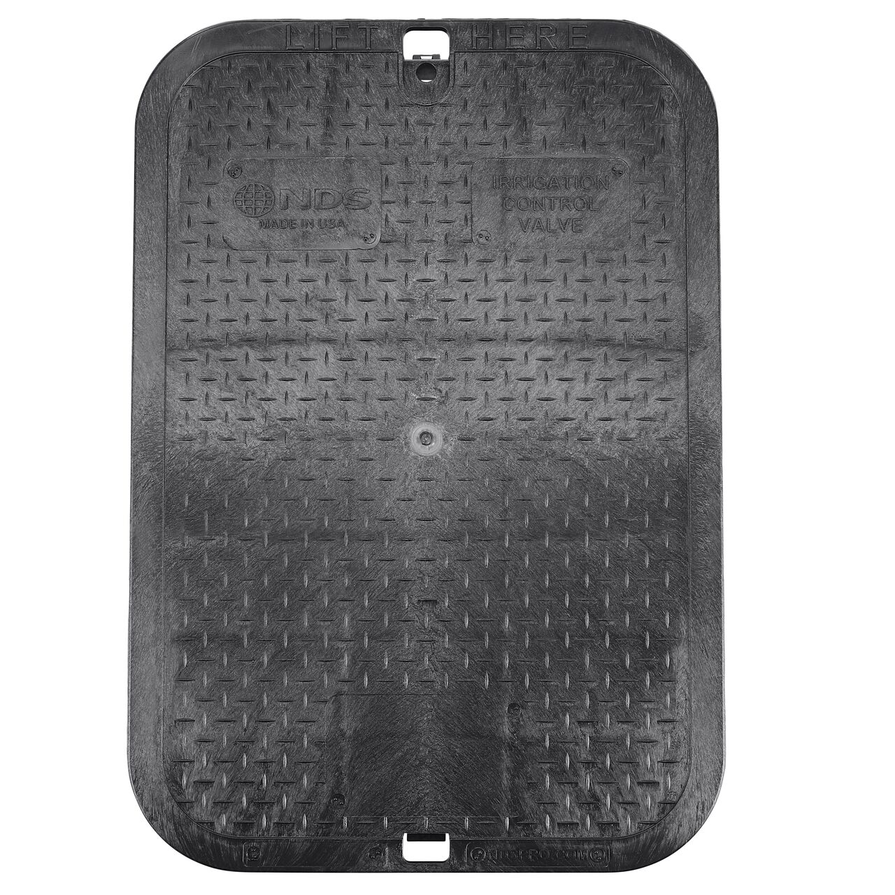 Bottom view of the reinforced ribs on the NDS 13 in. X 20 in. Black Irrigation Control Valve cover (NDS 117CB) that fits the NDS 13 in. X 20 in. Standard Series Valve Box