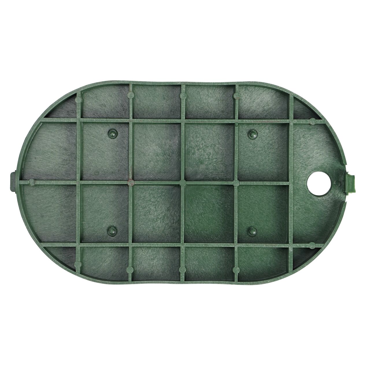 Top down view of the underside of the Green Control Valve cover (NDS M2-SG-LID) for the NDS 8 in. X 12 in. Oval Standard Series valve box showing reinforcing ribs that help support pedestrian and lawn care equipment