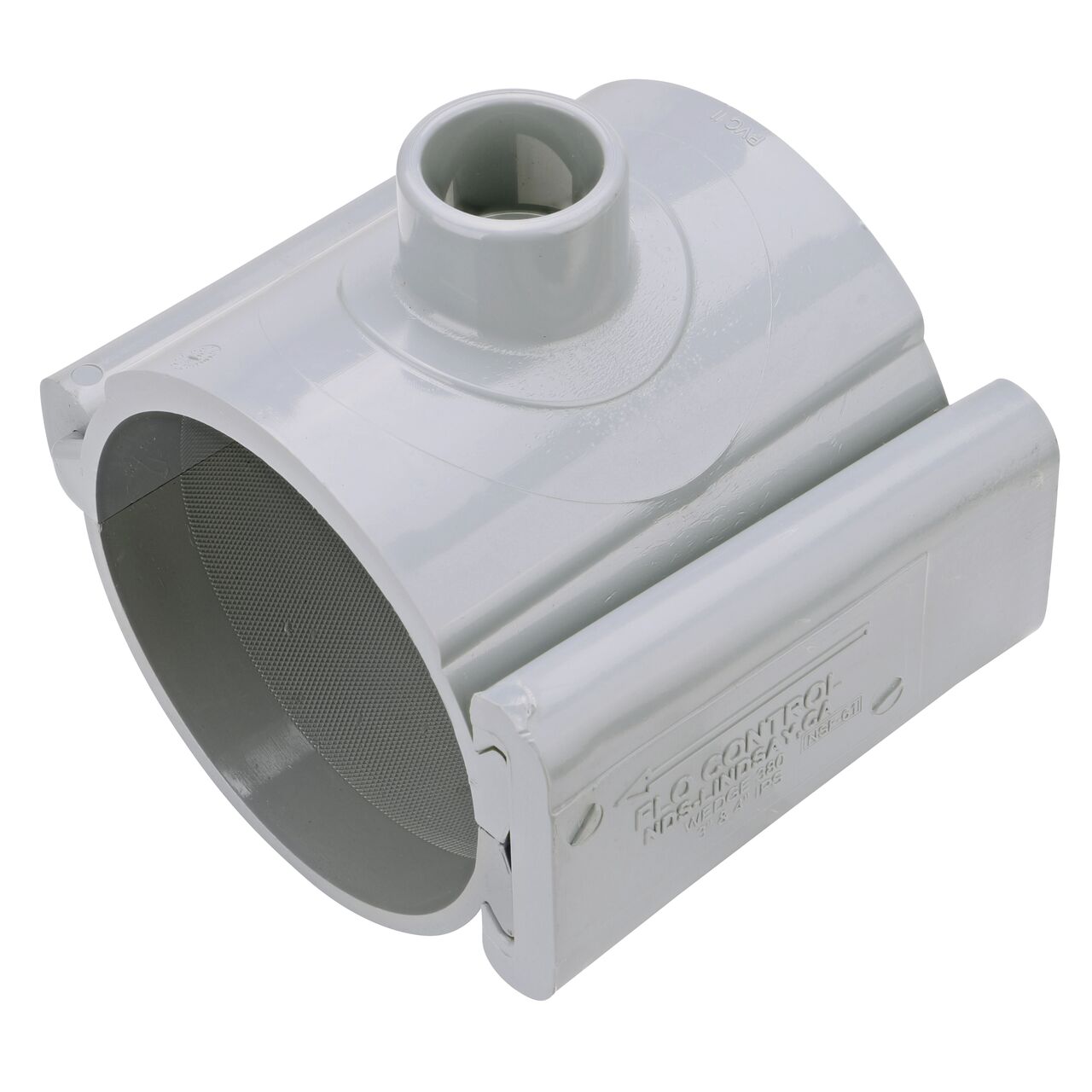 The 1 in. slip outlet at the top of the NDS Clamp-It™ Rigid PVC Saddle (NDS 454010) for 4 in. PVC pipe adds a riser or sprinkler to an existing pipeline for agricultural or mining applications