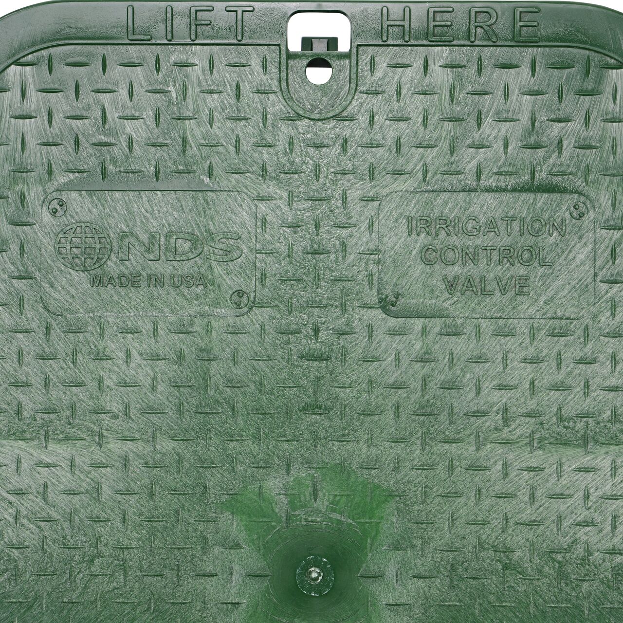 Closeup view of the irrigation control valve markings on the green irrigation control valve cover for the NDS 13 in. X 20 in. Rectangular Standard Series Jumbo Valve Box (NDS 118BC)