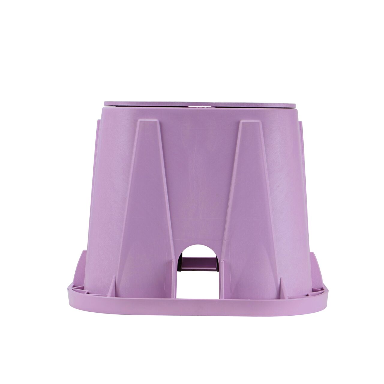 Side view of the shorter width side of the NDS 14 in. x 19 in. Rectangular Pro-Spec® Series Valve Box & Reclaimed Water Cover (NDS 314PBCBR) rugged enclosure that features a pipe hole for water and irrigation pipe connections