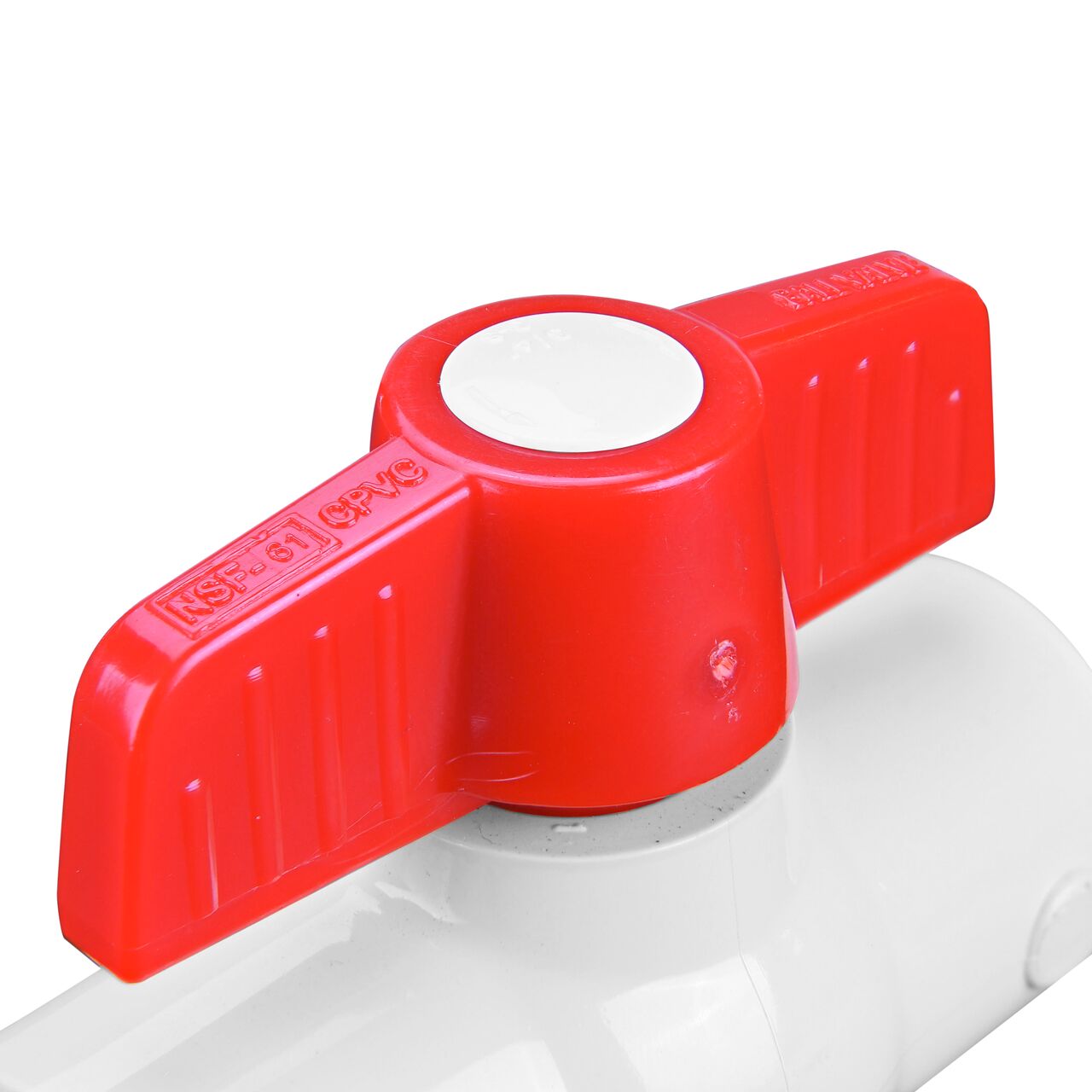 Closeup of the NDS CTS Ball Valve showing the handle that rotates two ways to control water flow (NDS C1310-07)