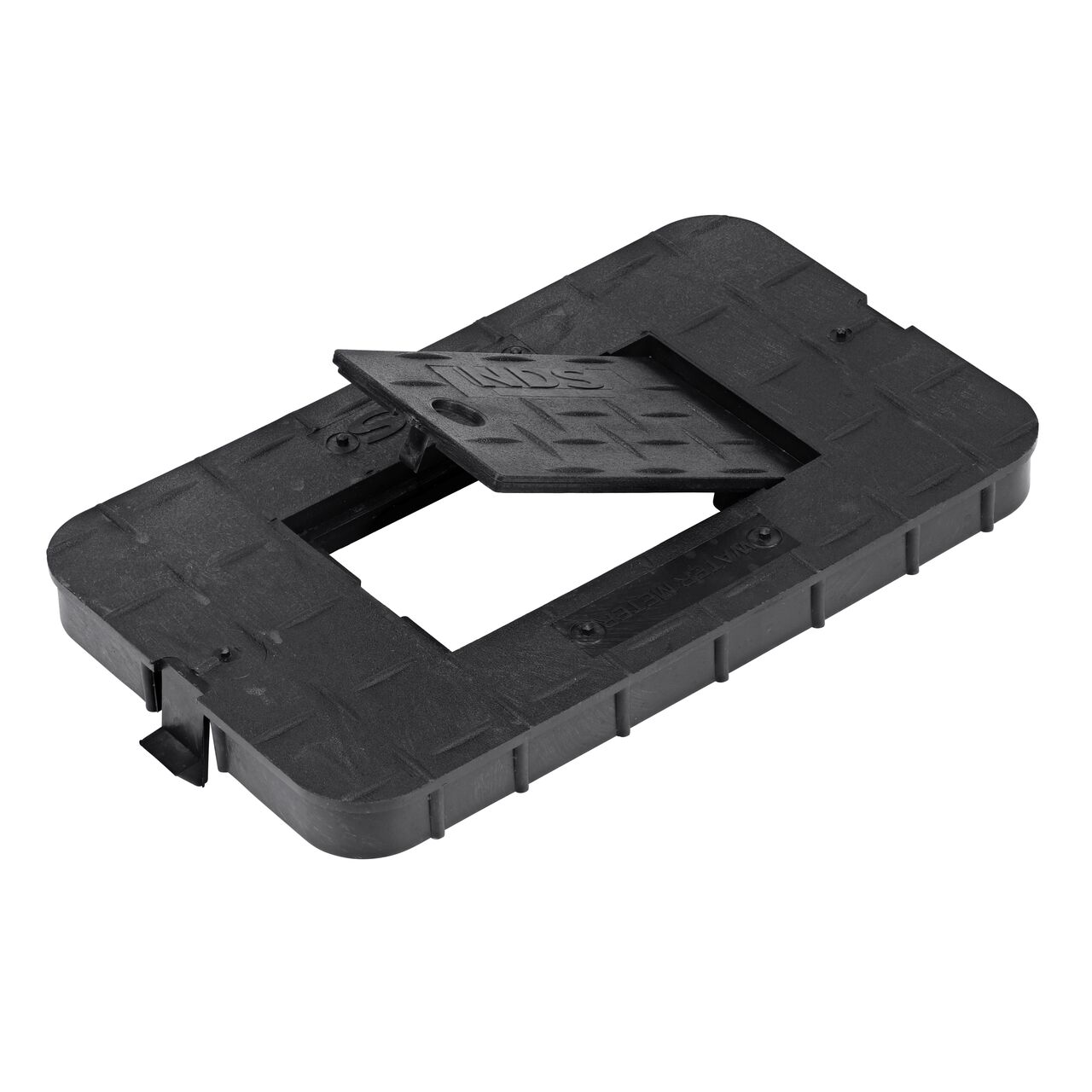 The plastic reader door lifts up for easy access on the NDS 10 in. X 15 in. Black Water Meter Drop-in cover (NDS D1000-RBL) that fits the NDS 10 in. X 15 in. Standard Series Meter Box