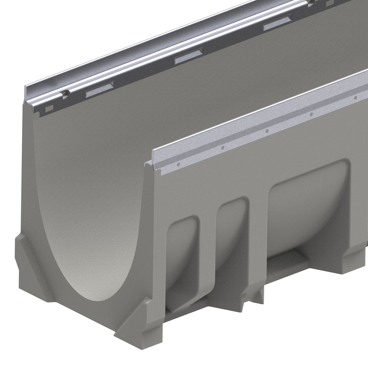 Closeup view of the male interlocking end of the BG-FILCOTEN® by NDS® pro V 200 Trench Channel Drain with Galvanized Steel Rails