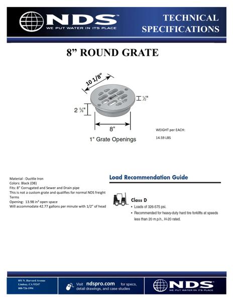 NDS 8 in. Round Duracast™ Grate Ductile Iron Tech Spec