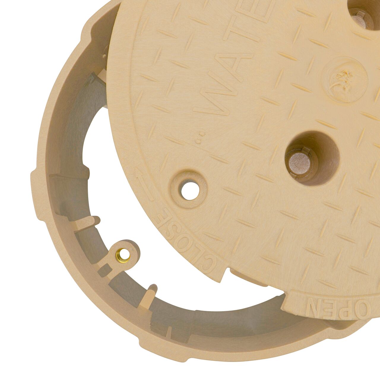 Align the bolt hole on the lid with the bolt hole from the NDS 10 in. Round Pro-Spec® Series Sand Box and Sand Water Cover (NDS 312BCBWSAND) for a secure fit
