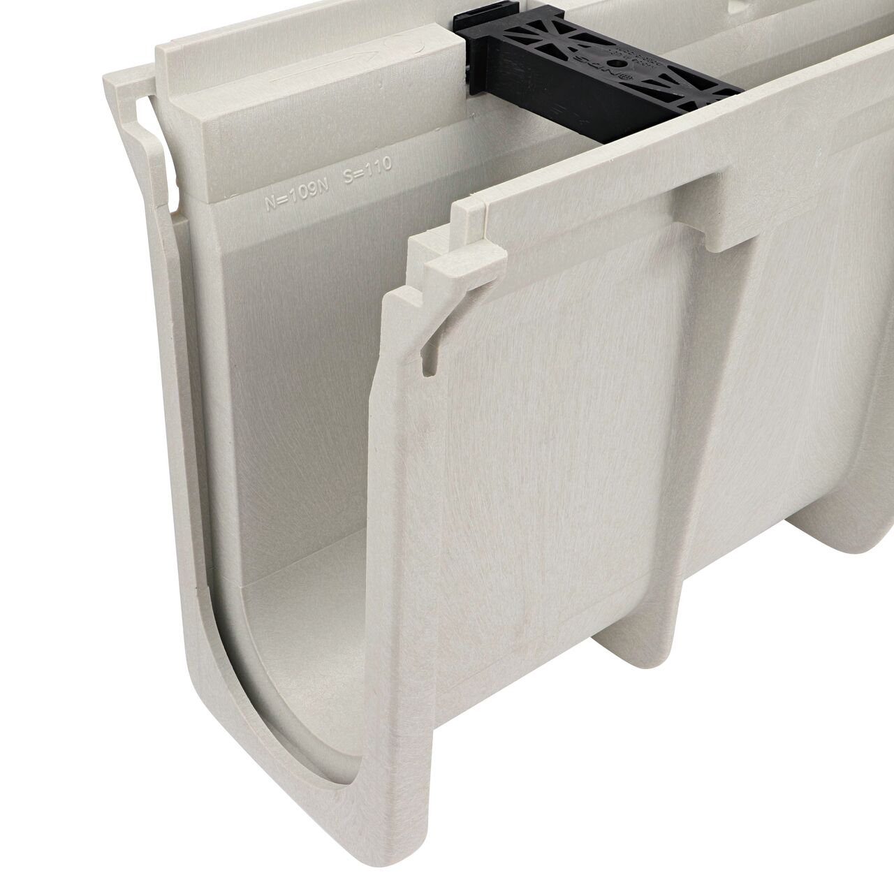 Closeup view of the Neutral Dura Slope Channel Drain, 10.38 in. Deep, with groove joints facing camera (NDS DS-109N)
