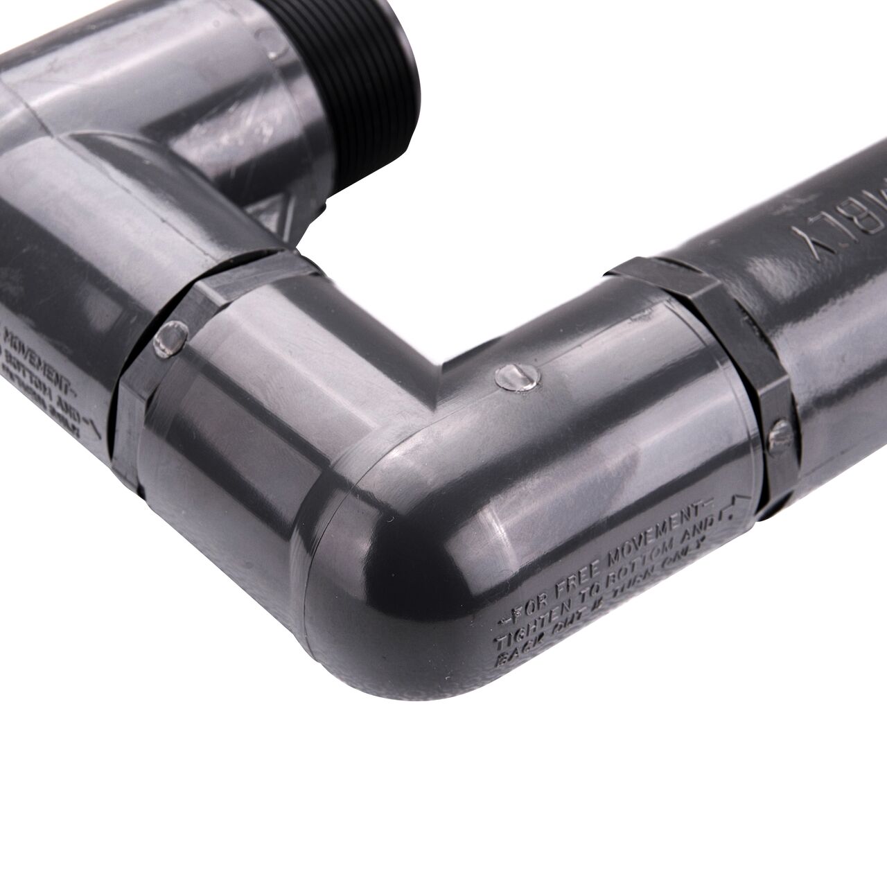 Closeup view of the NDS PVC Triple Swing Joints Assembly, Sch. 80 1-1/2 in. MPT showing the flow direction and sprinkler can easily be repositioned after installation if needed (NDS TSA-1500-TT)