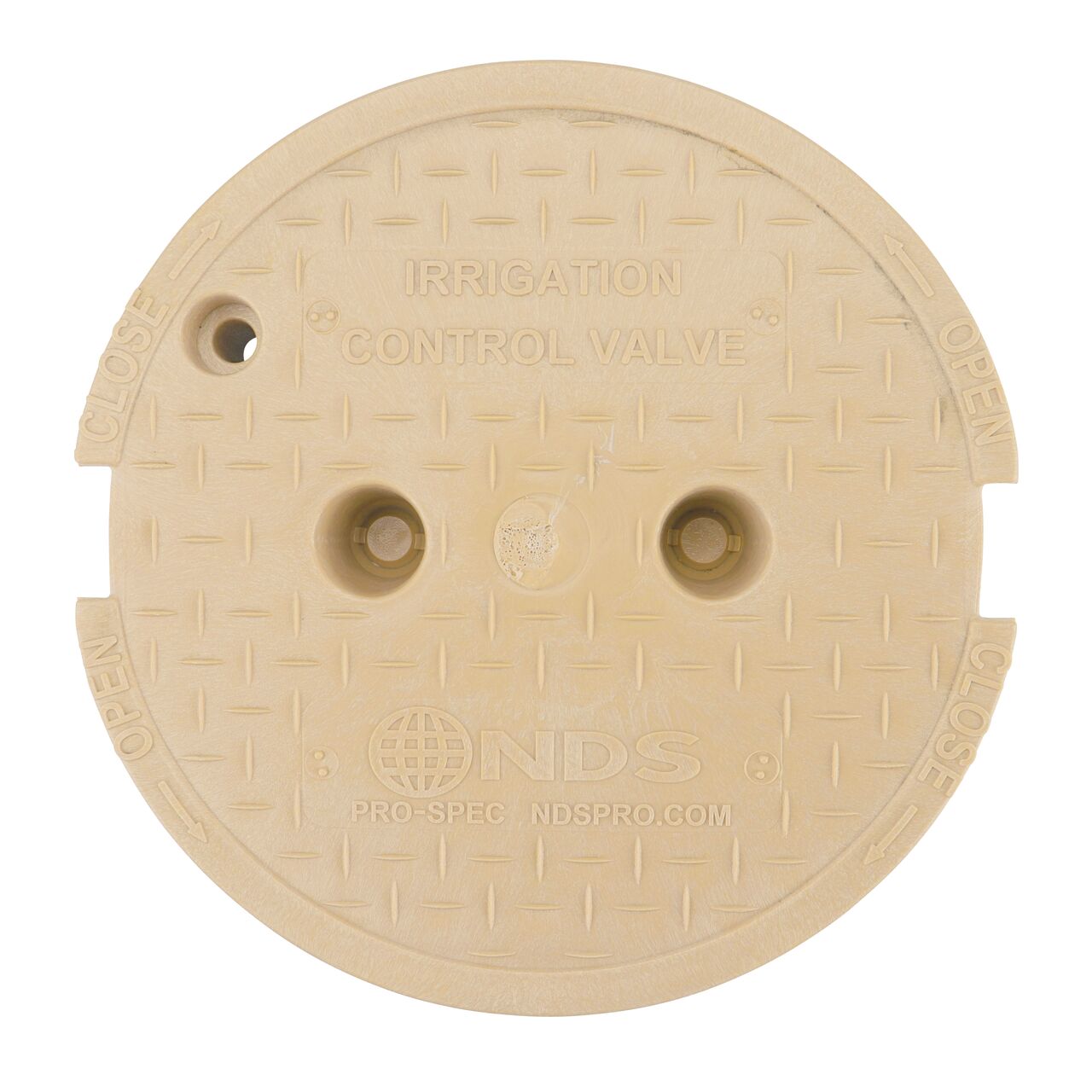 Top down view of the top side of the Sand Irrigation Control Valve cover for the NDS 10 in. Round Pro-Spec® Series (NDS 312BCBSAND) shows markings, two finger slots to twist and remove lid