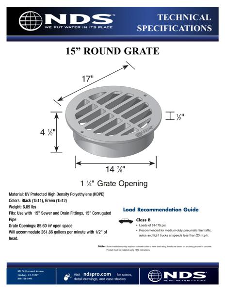 NDS 15 in. Round Grate for 15 in. Drain Pipe & Fittings, Plastic Tech Spec