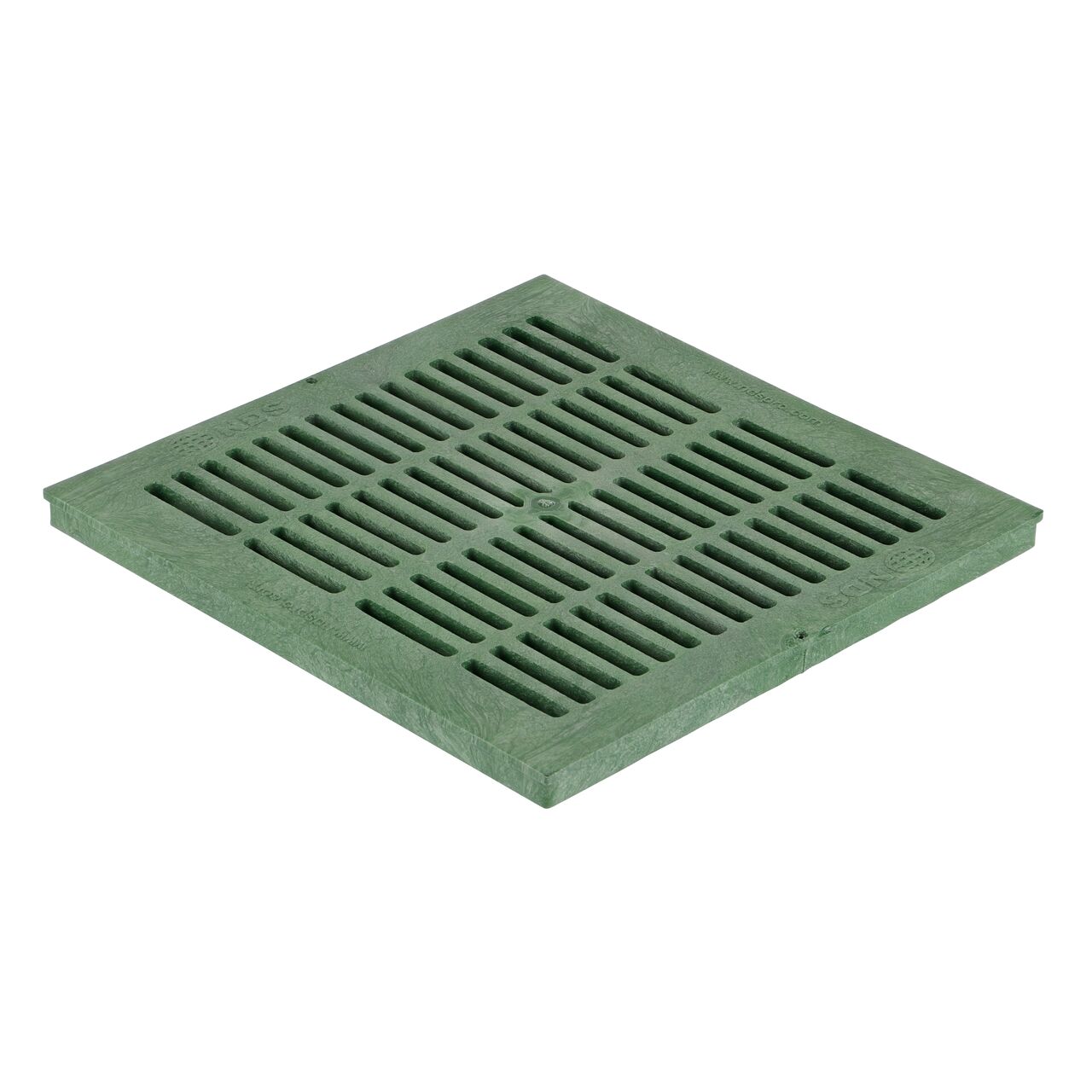 Hero shot of Green 18 in. Square Catch Basin Drain Grate (NDS 1812) which sits on 18 in. catch basin (NDS 1882) and drains water as it blocks pipe-clogging debris