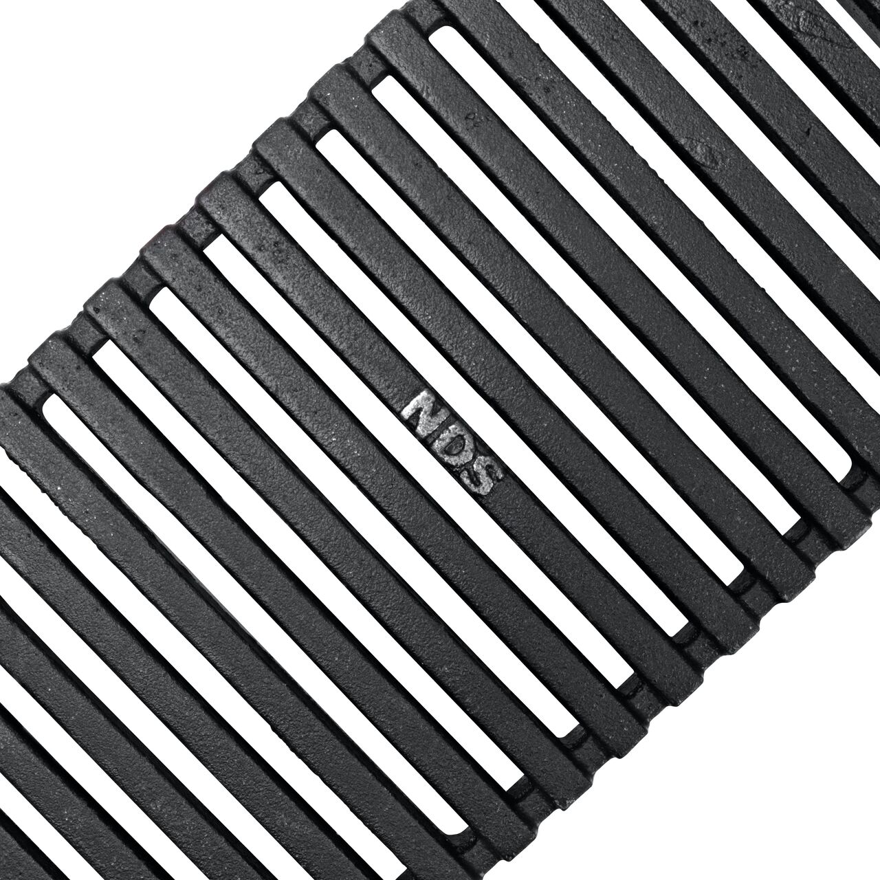 Angled View of the ductile iron Dura Slope™ Channel Drain Grate (NDS DS-610-KIARO) decorative Kiaro Slot design