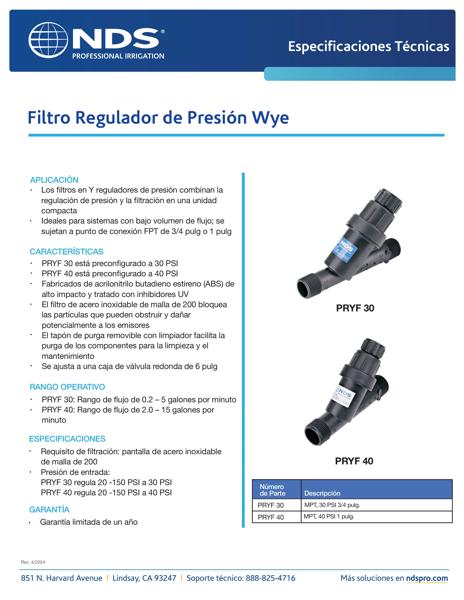 NDS Professional Irrigation Pressure Regulating Wye Filter Spanish Tech Spec