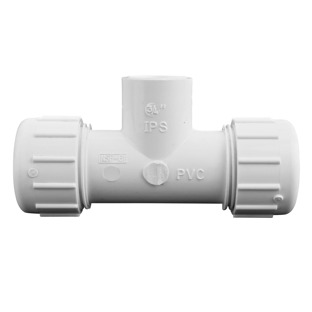 The NDS PVC Threaded Tees has adjustable nut on each compression end that connect onto 3/4 in. IPS pipe ends and one slip end that slides onto a 3/4 in. IPS pipe end to provide a corrosion-free connection (NDS CPT-0750-S)
