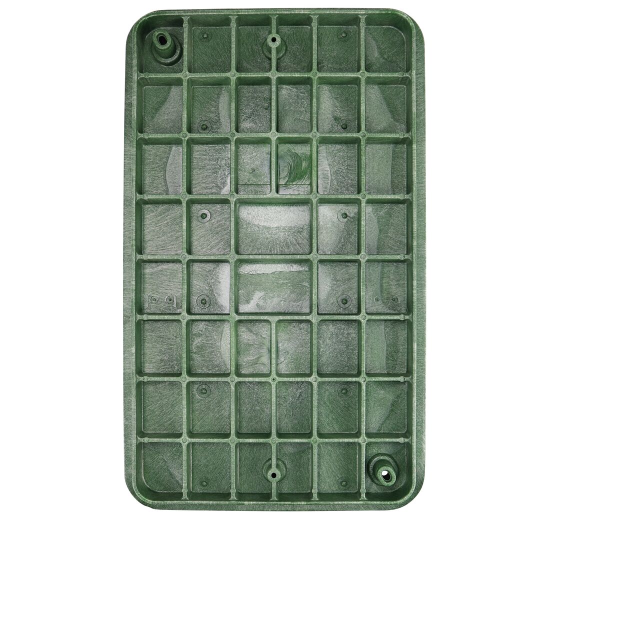 Top down view of the underside side of the Green Irrigation Control Valve cover (NDS 324BCB-BG) for the NDS 17 in. x 30 in. Rectangular Pro-Spec® Series valve box, showing reinforcing ribs that are load rated to withstand pedestrian traffic and the rigors of lawn care equipment
