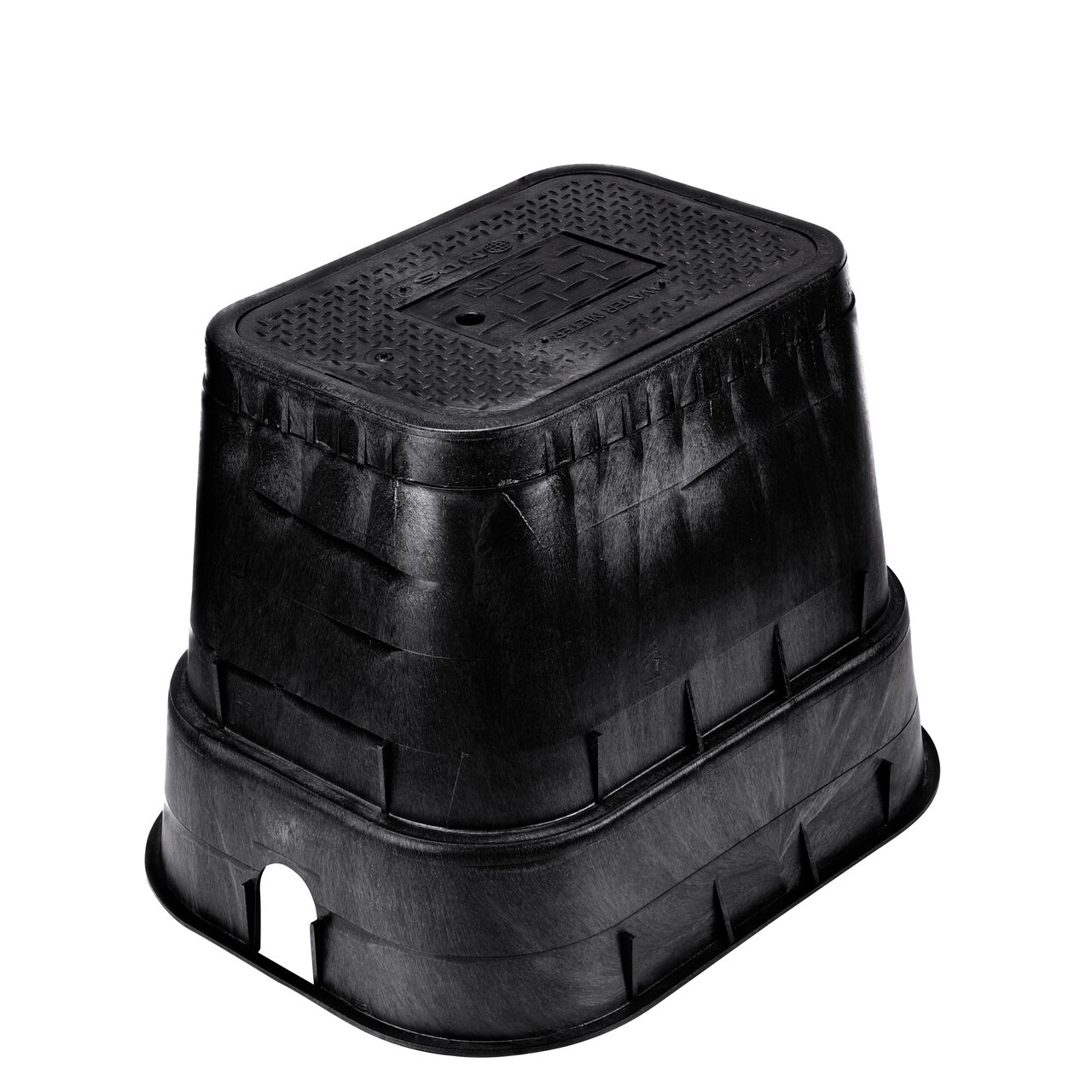The NDS 14 in. X 19 in. Rectangular Standard Series Meter Box and Cover is a 18 in. high Black box and Black Cover with Water Meter markings on the Drop-in lid (NDS D1800-DIRB) with a Plastic reader door; protects underground irrigation and sprinkler system components and keeps them out of sight