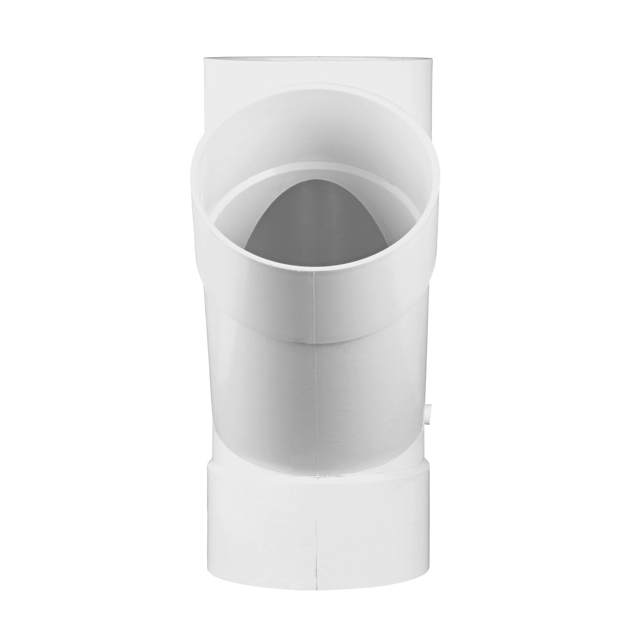 Side view of the wye of the PVC 45 degree wye for 8 in. Sewer and Drain pipes, with 8 in. Hub X Hub X Hub connection (NDS 8P08)