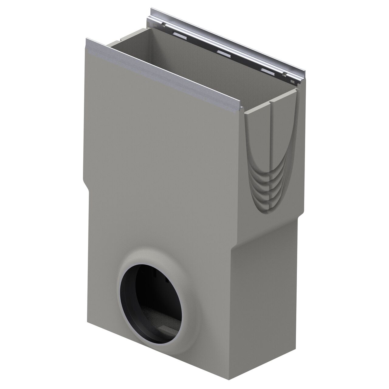 The BG-FILCOTEN® by NDS® 200 Trench Drain Inline Catch Basin Kit with 1-outlet and trash bucket fits all depths of 8 in. wide BG-FILCOTEN 200 trench drain line
