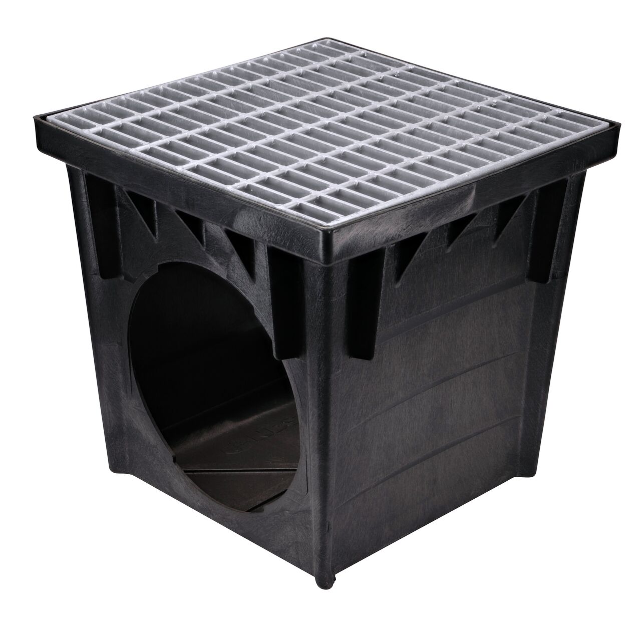The NDS 24 in. Square Catch Basin Drain Grate, Galvanized Steel (NDS 2415) installed on 24 in. catch basin (NDS 2400) and drains water as it blocks pipe-clogging debris