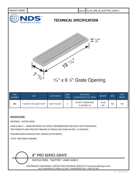 NDS 8 in. Pro Series™ Channel Drain Grate Ductile Iron Tech Spec
