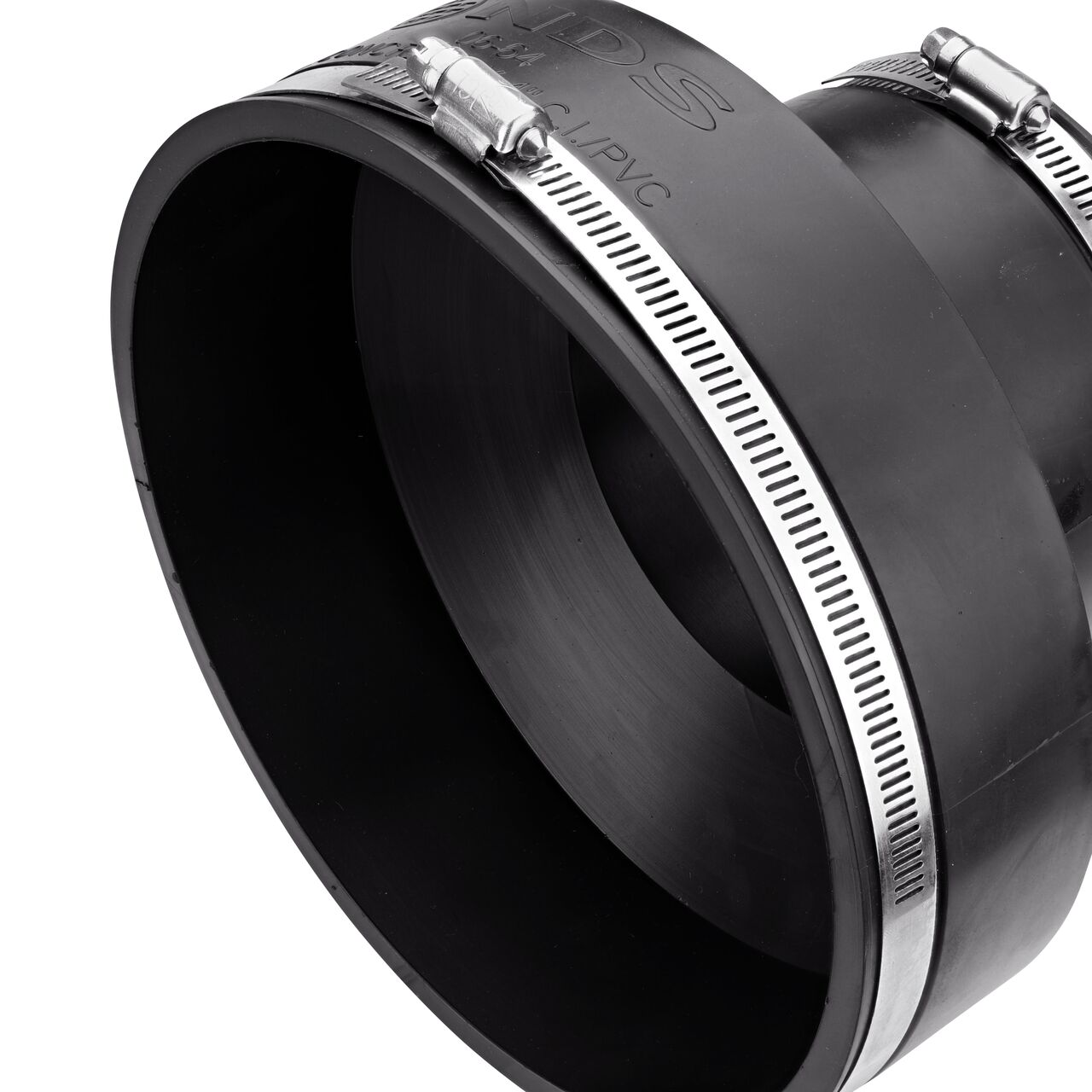 Closeup view of the large end on the NDS flex coupling for 6 in. concrete pipe to 4 in. cast iron or plastic pipe (NDS 06-64)