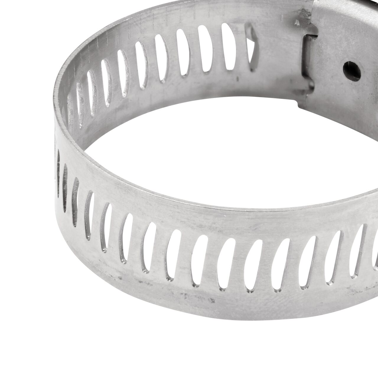 Closeup view of the arcial perforated slots in band for added strength and smoother engagement on the NDS SAE 16 Worm Drive Hose Clamp with Aero Seal 1/2 in. band width (NDS 64016H)