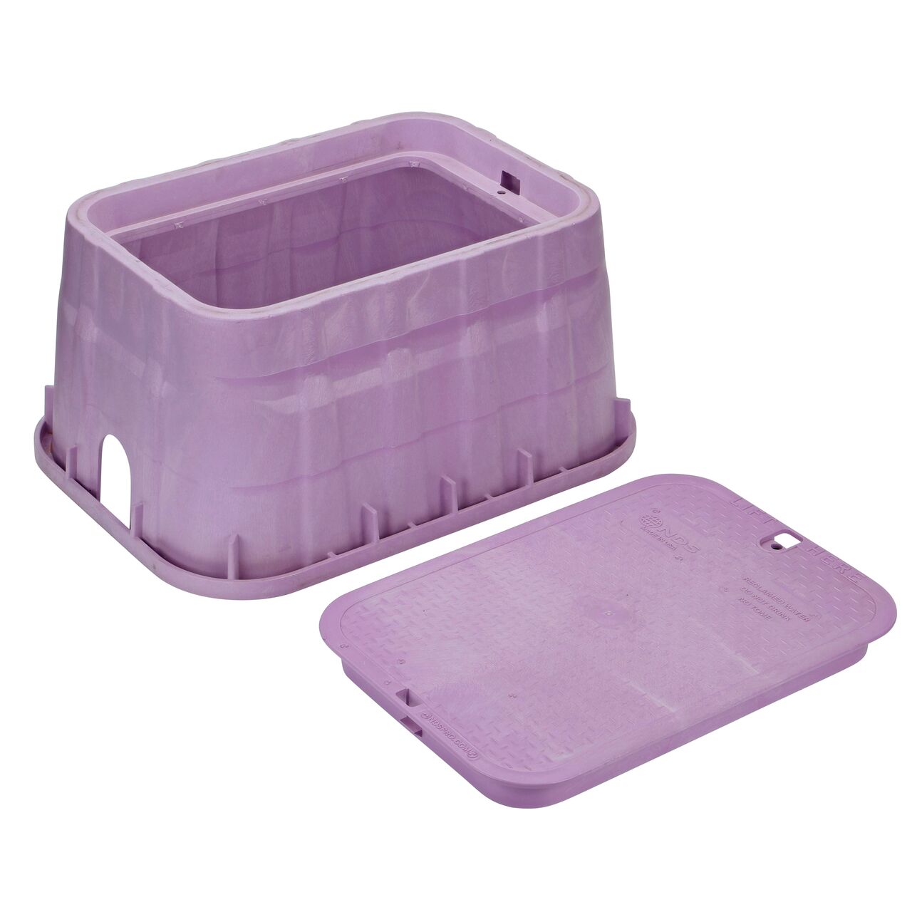 Unassembled View of the NDS 13 in. X 20 in. Purple Rectangular Pro-Spec® Series valve box and Purple Reclaimed Water Overlapping cover (NDS 318PBCR)