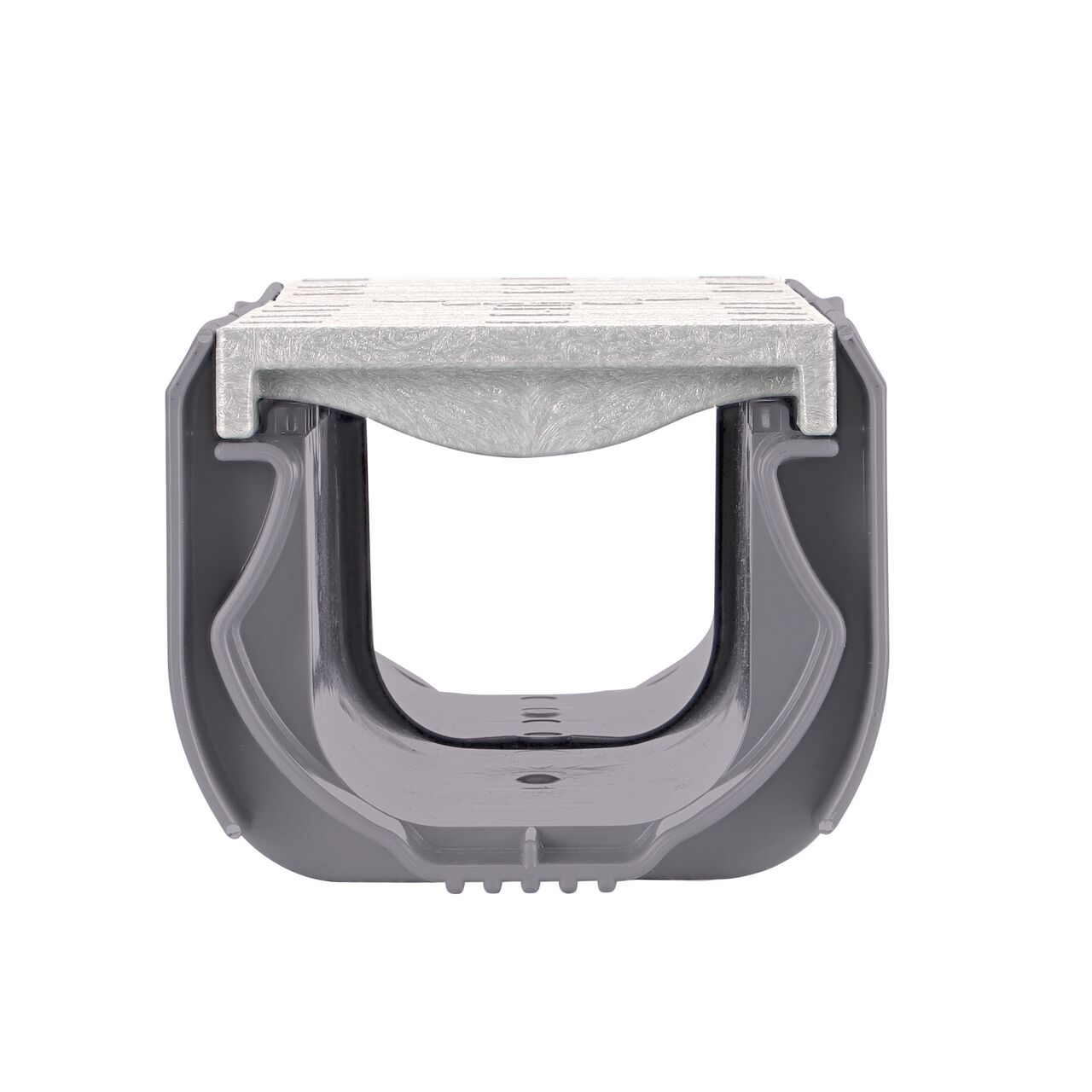 View of the inside of the NDS Spee-D® Contour™ Channel Drain Start & End Kit (NDS 400-ACSE-WH) connected from the start side that connects to a straight Spee-D channel drain
